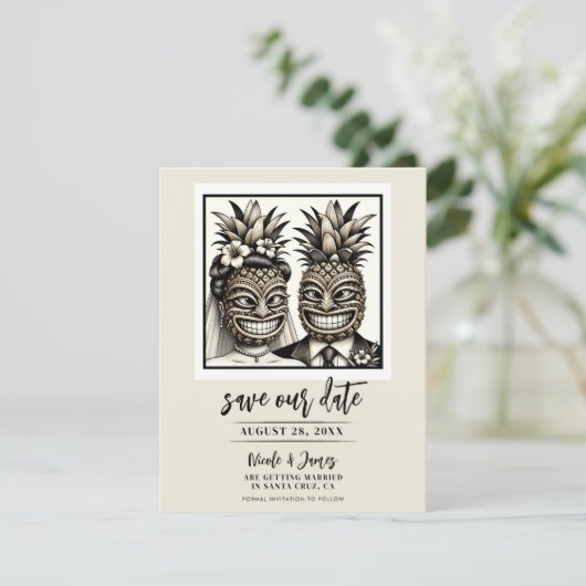 Bruid & bruidegom Aloha Ananas Tiki Save the Date Kaart (Staand voorkant)