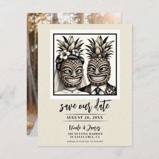 Bruid & bruidegom Aloha Ananas Tiki Save the Date Kaart (Voorkant / Achterkant)