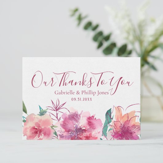 Bruid & bruidegom bloemenbruiloft bedankkaart (Staand voorkant)