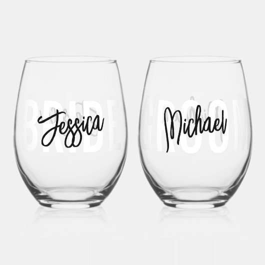 Bruid bruidegom Borstel Script Modern Wijnglas Zonder Voet (Voorkant)