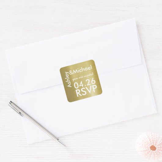 Bruid & bruidegom faux gouden bruiloft rsvp vierkante sticker (Envelop)