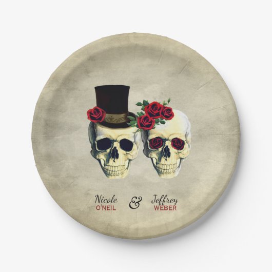 Bruid & Bruidegom Gothic Skulls Wedding Papieren Bordje (Voorkant)