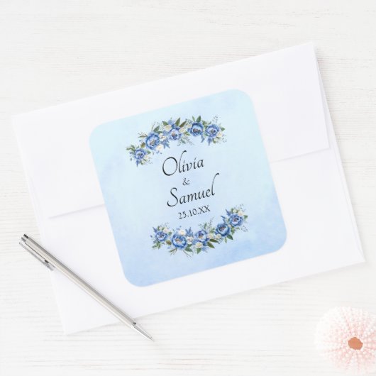 Bruid & Bruidegom Namen & Datum Blauwe Pioen  Vierkante Sticker (Envelop)