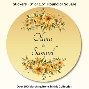 Bruid & Bruidegom Namen Goud Gele Bloemen Ronde Sticker