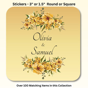 Bruid & Bruidegom Namen Goud Gele Bloemen Vierkante Sticker