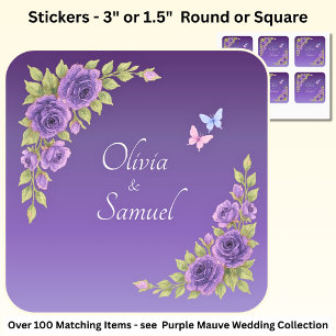 Bruid & Bruidegom Namen Paarse Mauve Bloemen & Wit Vierkante Sticker