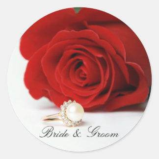 Bruid & bruidegom Ronde Stickers met rode Rose