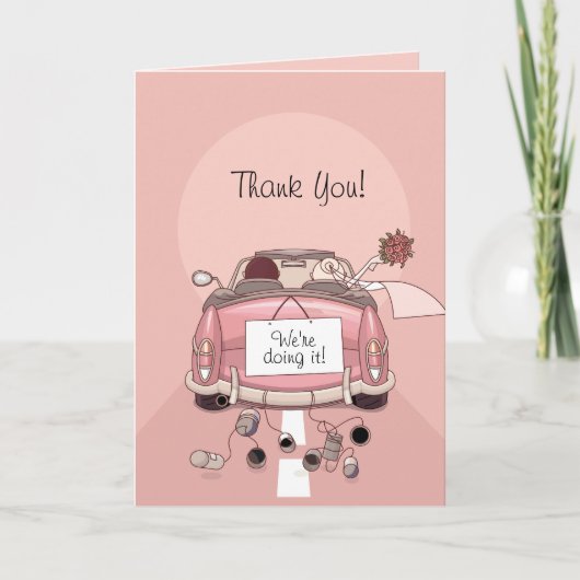 Bruid & Bruidegom Roze Ontsnappingsauto - Dankkaar Bedankkaart (Voorkant)