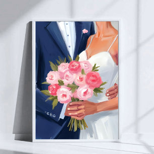Bruid & Bruidegom Trouwboeket Aquarel Schildering Poster
