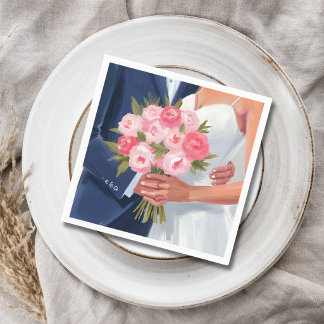 Bruid & Bruidegom Trouwboeket Aquarel Schildering Servet