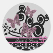 Bruid & bruidegom vlinders wervelt roze zwart & wi ronde sticker (Voorkant)