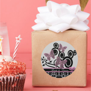Bruid & bruidegom vlinders wervelt roze zwart & wi ronde sticker