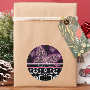 Bruid & bruidegom vlinders wervelt roze zwart & wi ronde sticker