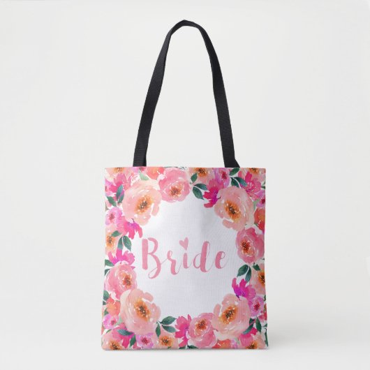 Bruid Chic Script Roze Waterverf Bloem Draagtas (Voorkant)
