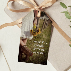 Bruid, cowboylaarzen, zonnebloemen bruiloft gunst cadeaulabel