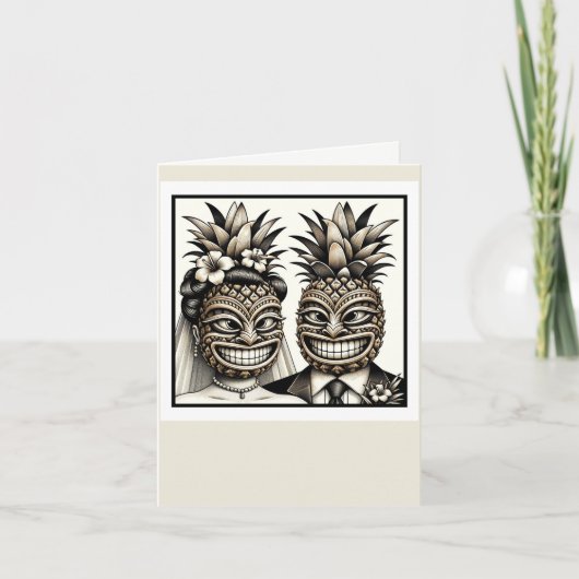 Bruid en bruidegom Aloha Ananas Tiki Hoofd Bruilof Bedankkaart (Voorkant)