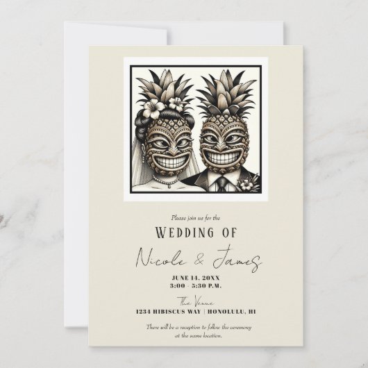 Bruid en bruidegom Aloha Ananas Tiki Hoofd Bruilof Kaart (Voorkant)