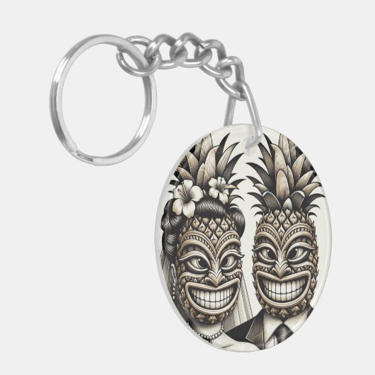 Bruid en bruidegom Aloha Ananas Tiki Hoofd Bruilof Sleutelhanger (Voorkant Links)