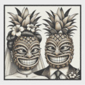 Bruid en bruidegom Aloha Ananas Tiki Hoofd Bruilof Sticker (Voorkant)