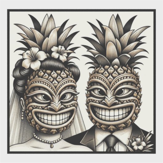 Bruid en bruidegom Aloha Ananas Tiki Hoofd Bruilof Sticker (Voorkant)