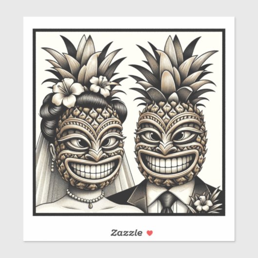 Bruid en bruidegom Aloha Ananas Tiki Hoofd Bruilof Sticker (Vel)