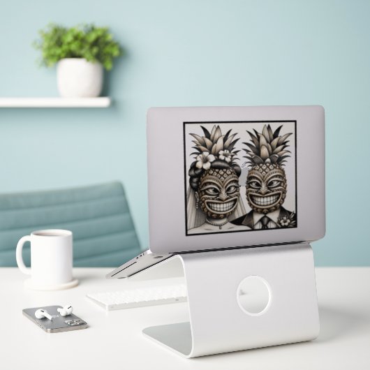 Bruid en bruidegom Aloha Ananas Tiki Hoofd Bruilof Sticker (Laptop op bureau)