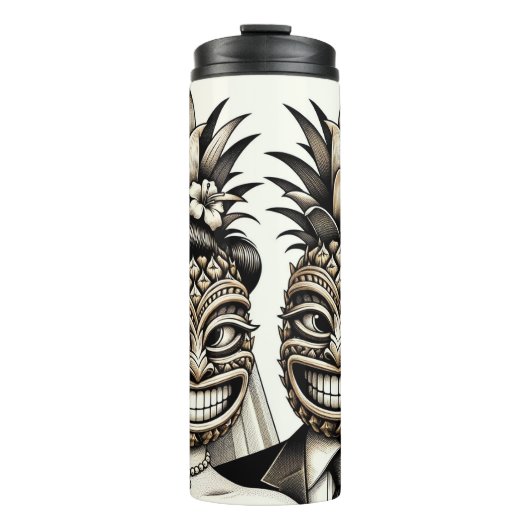 Bruid en bruidegom Aloha Ananas Tiki Hoofd Bruilof Thermosbeker (Voorkant)