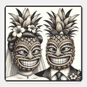 Bruid en Bruidegom Aloha Ananas Tiki Hoofd Trouw Vierkante Sticker