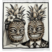 Bruid en Bruidegom Aloha Ananas Tiki Hoofd Trouwen Douchegordijn (Voorkant)