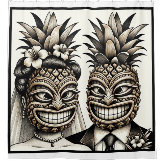 Bruid en Bruidegom Aloha Ananas Tiki Hoofd Trouwen Douchegordijn (Voorkant)
