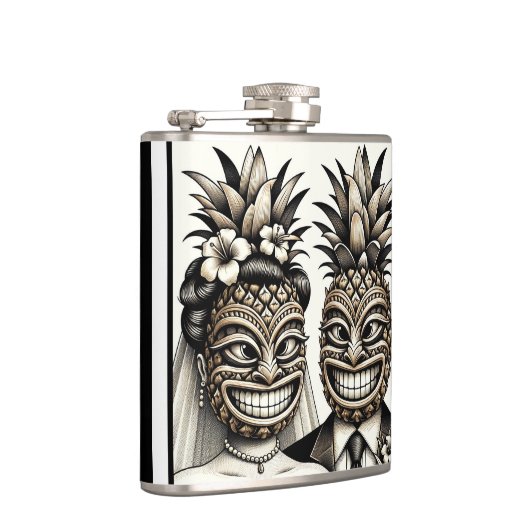Bruid en Bruidegom Aloha Ananas Tiki Hoofd Trouwen Heupfles (Rechts)