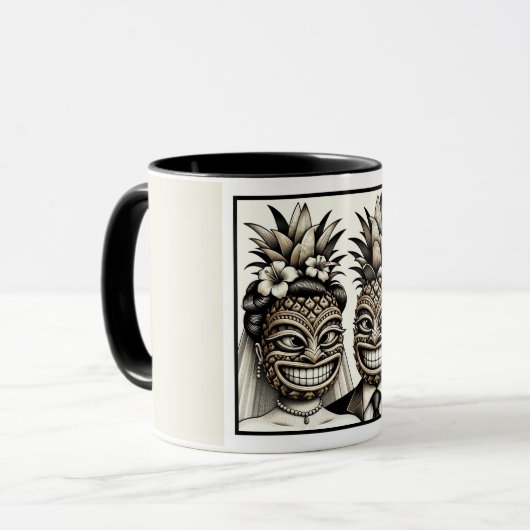Bruid en Bruidegom Aloha Ananas Tiki Hoofd Trouwen Mok (Voorkant links)