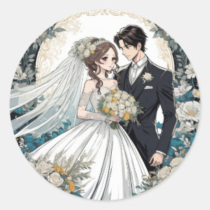 Bruid en bruidegom Anime bruiloft Ronde Sticker