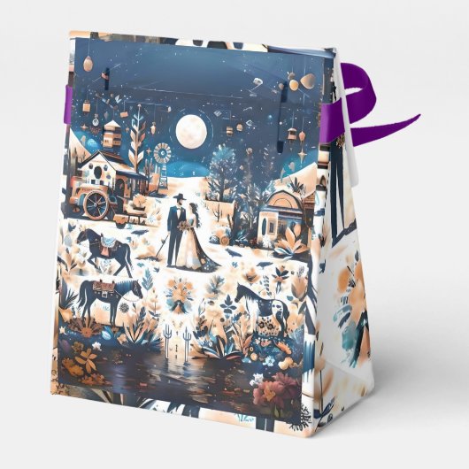 Bruid en bruidegom Blauw Western Patroon Bruiloft Bedankdoosjes (Achterkant)