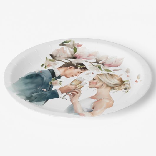 Bruid en bruidegom Champagne Magnolia's Papieren Bordje (Gekanteld)