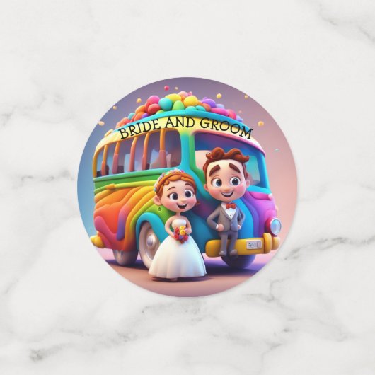 BRUID EN BRUIDEGOM EN DE REGENBOOGBUS CONFETTI (Kleine voorkant)