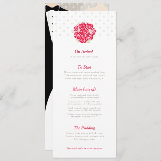 Bruid en bruidegom groene boeket rode trouw menu (Voorkant / Achterkant)