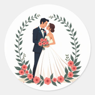 Bruid en Bruidegom met Bloemenring Ronde Sticker