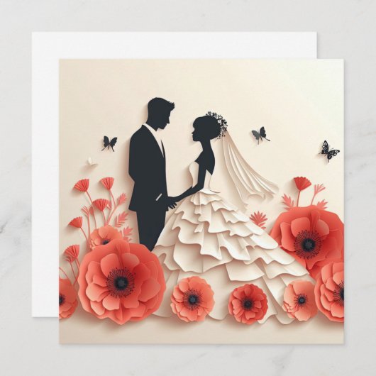 Bruid en bruidegom papier kunst met bloemen kaart (Voorkant / Achterkant)