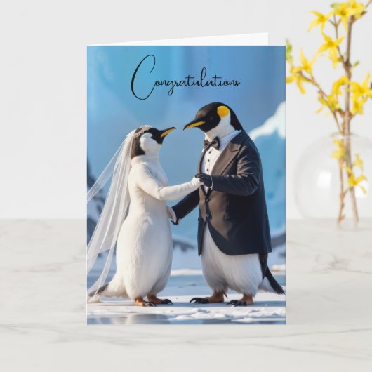 Bruid en bruidegom pinguïns op een ijsberg kaart (Gele Bloem)