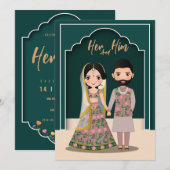 Bruid en bruidegom schattig stel Indiase cartoon Save The Date (Voorkant / Achterkant)