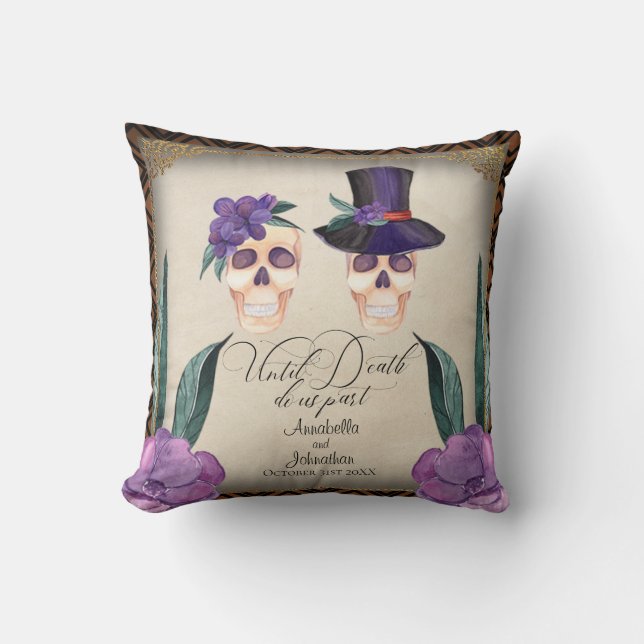 Bruid en bruidegom Skulls Halloween Thema Bruiloft Kussen (Voorkant)