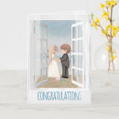 bruid en groom in open venster strandscène kaart (Gele Bloem)