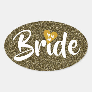Bruid Gouden Datum Hart Glitter Persoonlijk Ovale Sticker