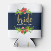 Bruid-gouden tekst, bloemboeket op wit & blauw blikjeskoeler (Voorkant)