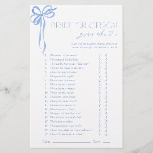 Bruid of bruidegom raden wie blauwe boog douche sp (Voorkant)