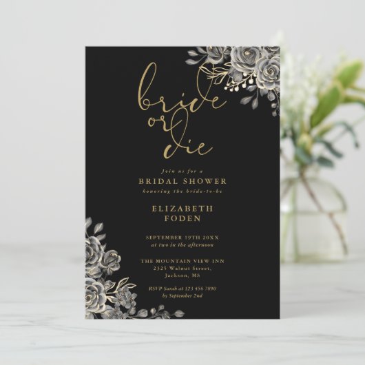 Bruid of Sterf Zwart en Goud Gotische Bruiloft Fee Kaart (Staand voorkant)