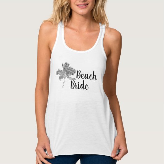 Bruid op het strand met zwart-witte palmboom tanktop (Voorkant)