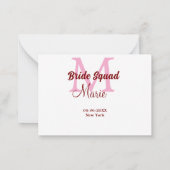 Bruid squad naam toevoegen monogram bruidsmeisje r notitiekaartje (Achterkant)