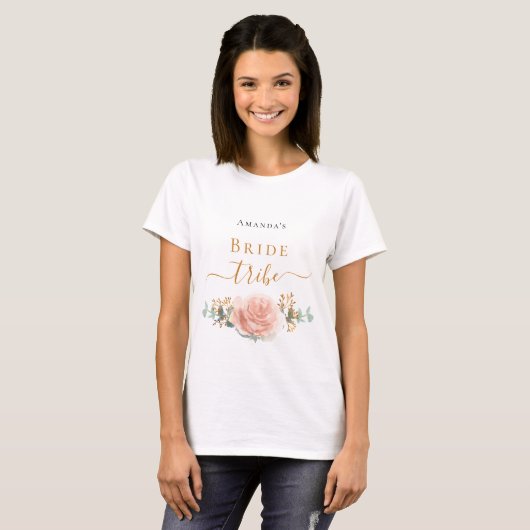 Bruid stam roze goud bloemige eucalyptus groen t-shirt (Voorkant volledig)